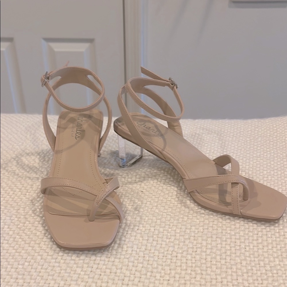 Chelsea by Charles David 2” Nude Strappy Clear Block Heel Sandals